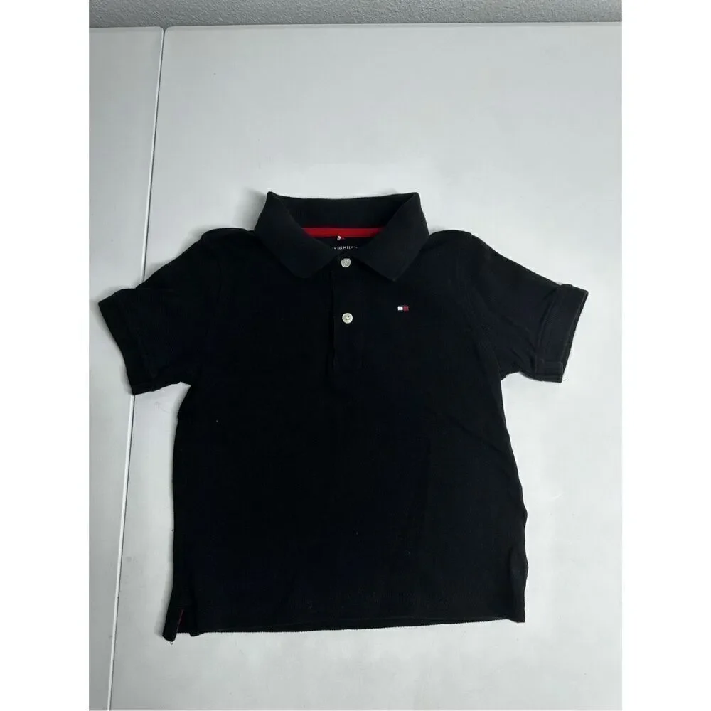 Tommy Hilfiger Boys Black Flag Polo Shirt Size 4 Short Sleeves